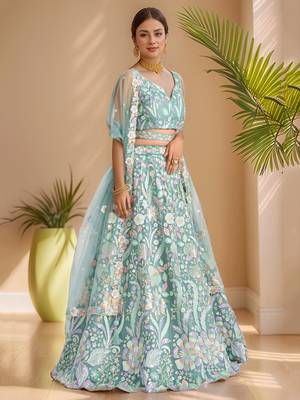 sky blue sequins net lehenga set choli with dupatta 1