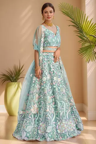 sky blue sequins net lehenga set choli with dupatta