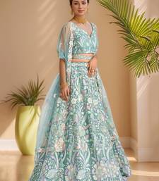 sky blue sequins net lehenga set choli with dupatta
