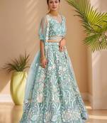 sky blue sequins net lehenga set choli with dupatta