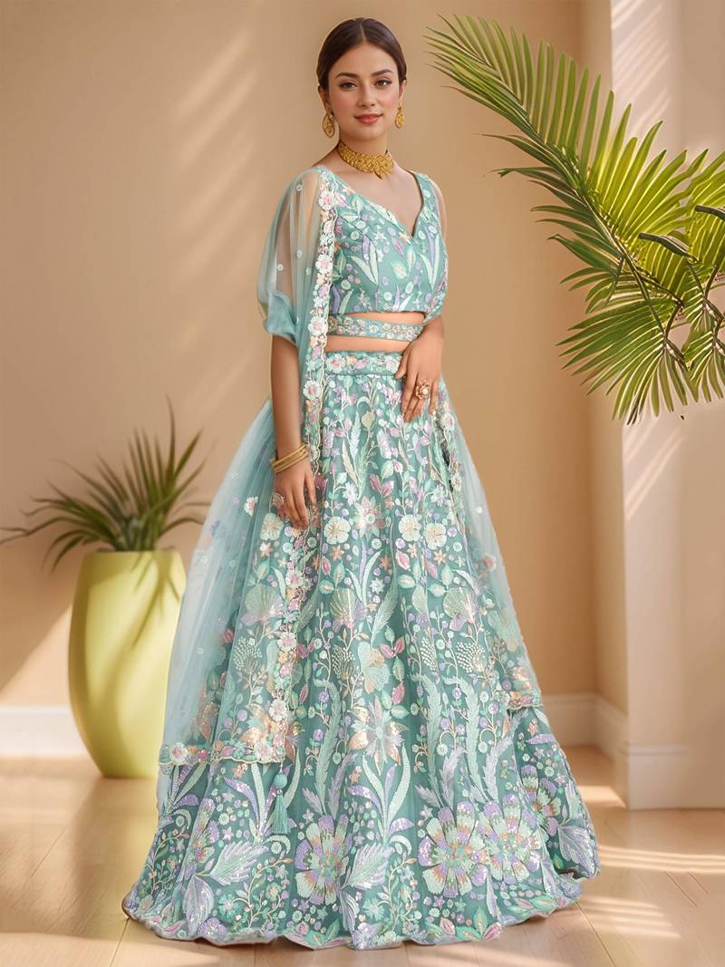 sky blue sequins net lehenga set choli with dupatta