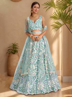 sky blue sequins net lehenga set choli with dupatta 2