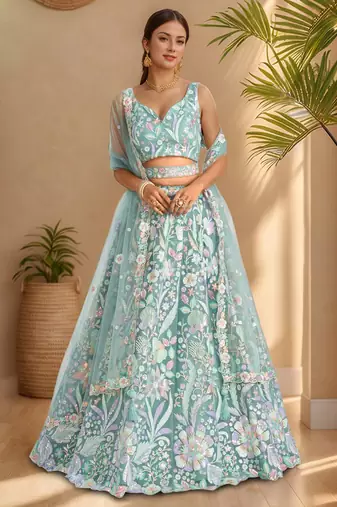 sky blue sequins net lehenga set choli with dupatta