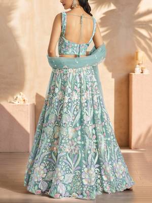 sky blue sequins net lehenga set choli with dupatta 3