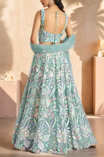 sky blue sequins net lehenga set choli with dupatta