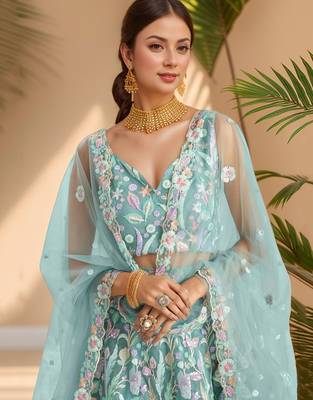 sky blue sequins net lehenga set choli with dupatta 4