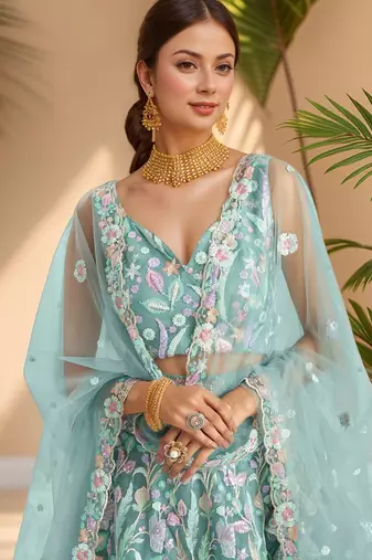 sky blue sequins net lehenga set choli with dupatta