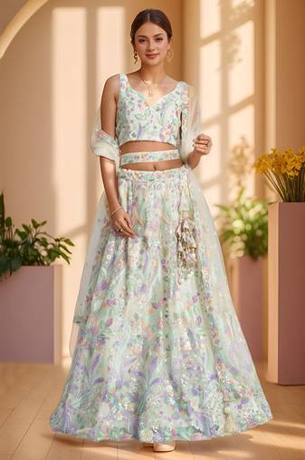 white embroidered net lehenga set choli with dupatta with dupatta