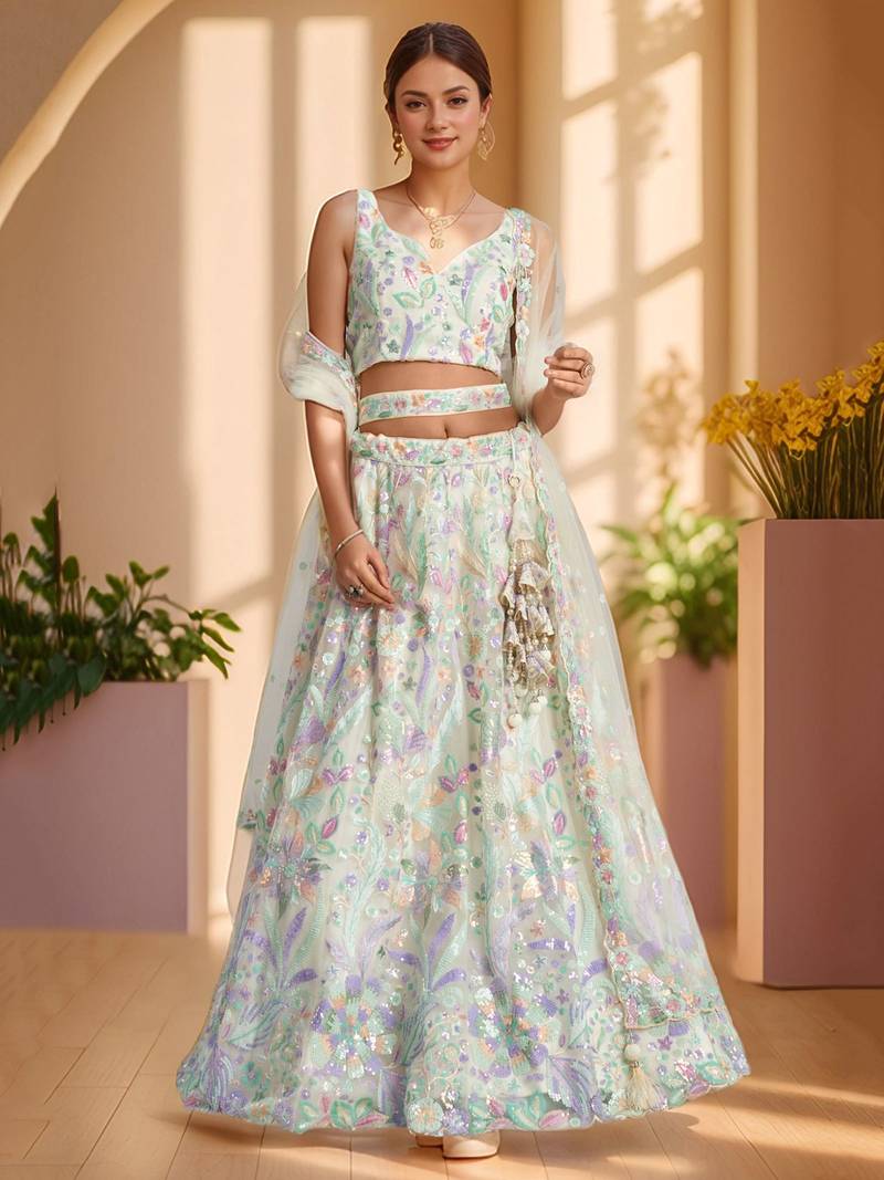 white embroidered net lehenga set choli with dupatta with dupatta