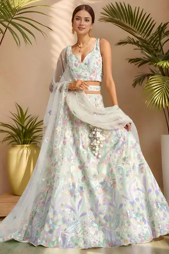 white embroidered net lehenga set choli with dupatta with dupatta