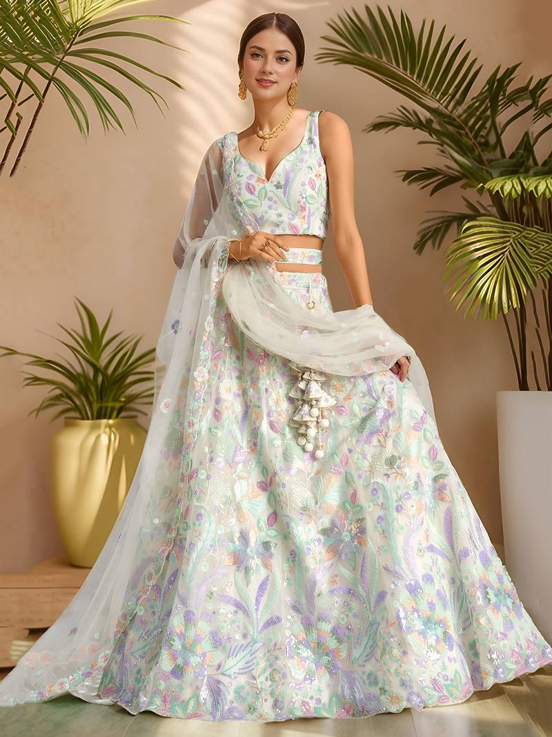 white embroidered net lehenga set choli with dupatta with dupatta