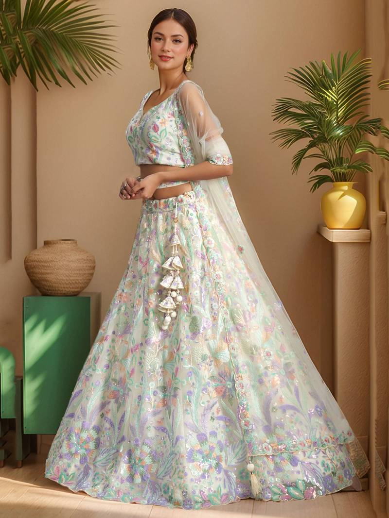 white embroidered net lehenga set choli with dupatta with dupatta