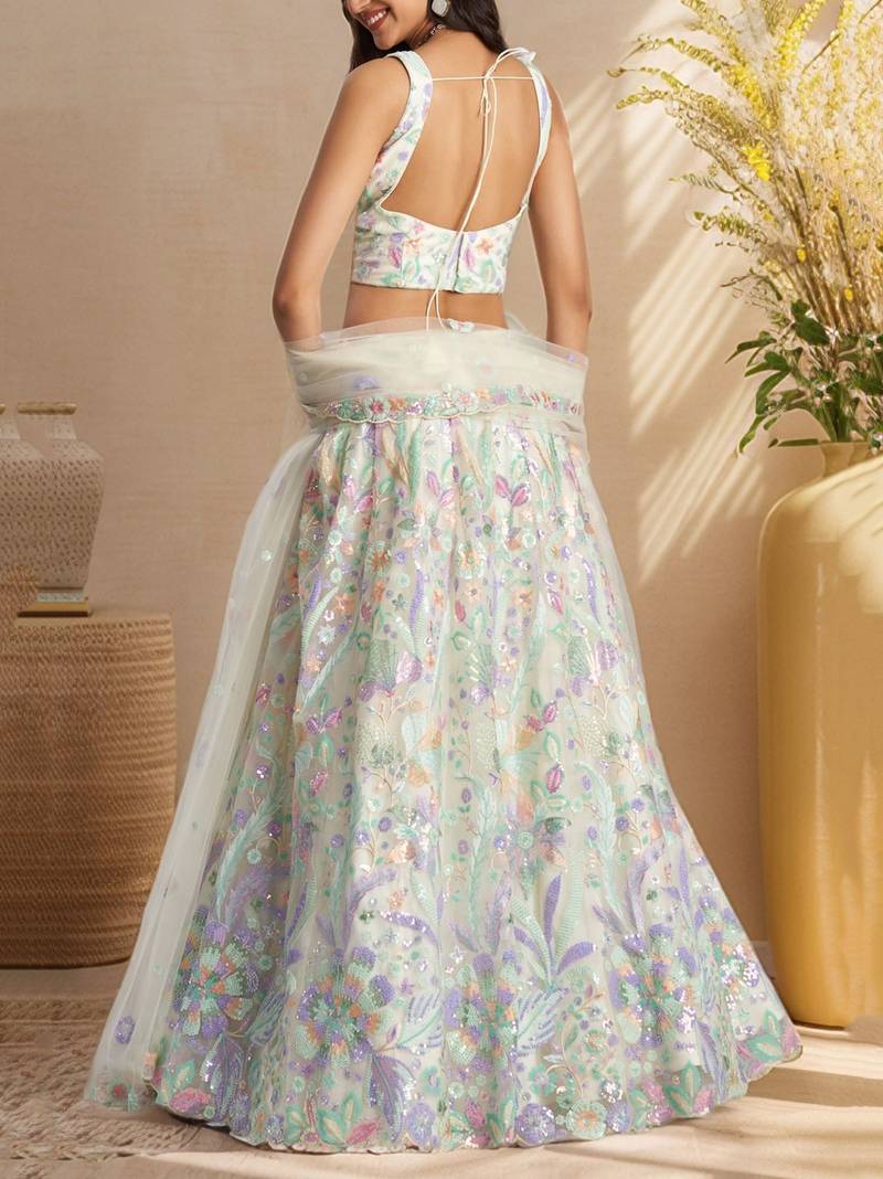 white embroidered net lehenga set choli with dupatta with dupatta