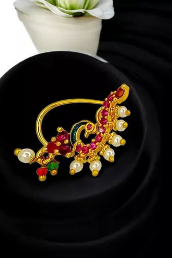Gold plated maharashtrian peacock clip on nosepin