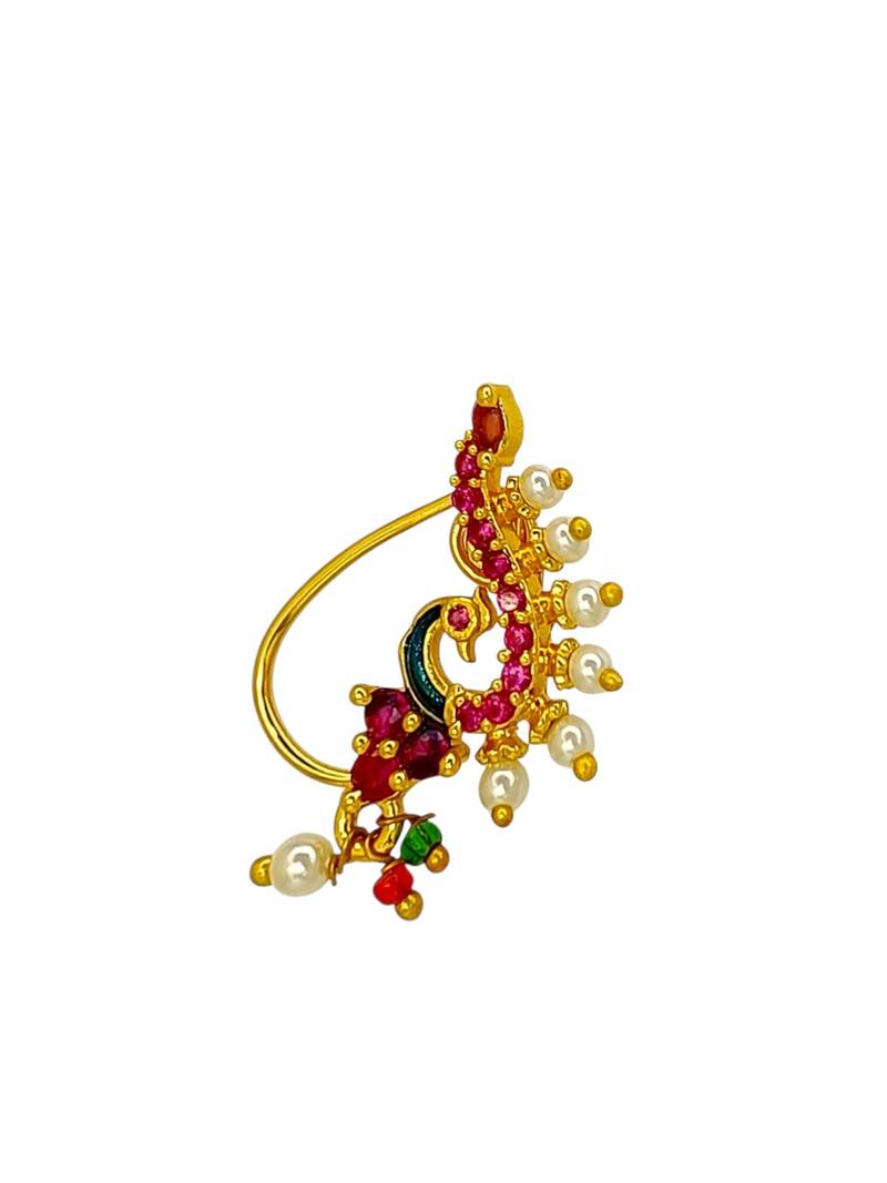 Gold plated maharashtrian peacock clip on nosepin