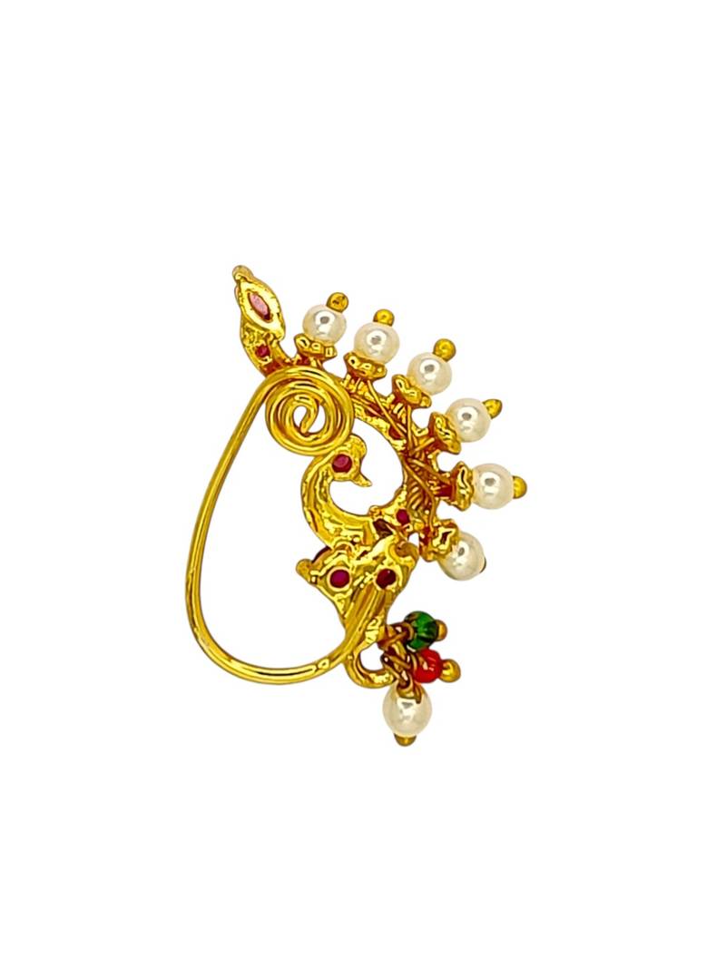 Gold plated maharashtrian peacock clip on nosepin