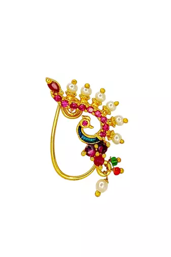 Gold plated maharashtrian peacock clip on nosepin