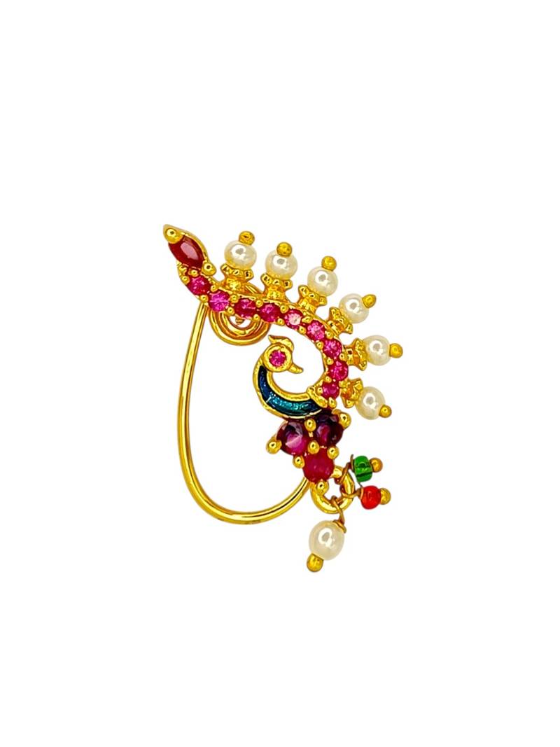 Gold plated maharashtrian peacock clip on nosepin