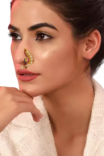 Gold plated maharashtrian peacock clip on nosepin