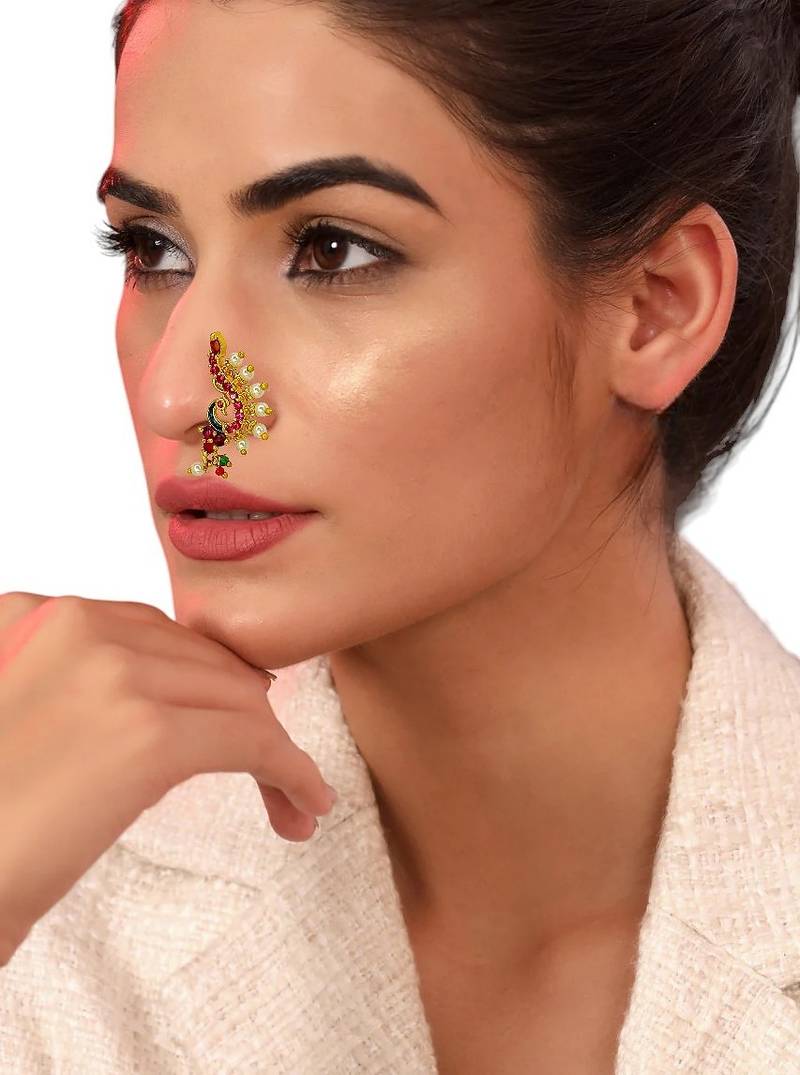 Gold plated maharashtrian peacock clip on nosepin