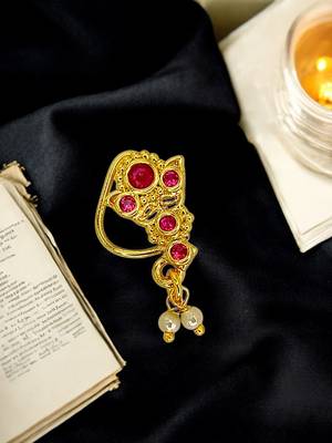 Gold plated red stone leaf design clip on nosepin 1