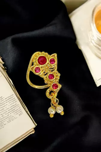 Gold plated red stone leaf design clip on nosepin