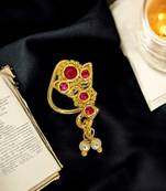 Gold plated red stone leaf design clip on nosepin