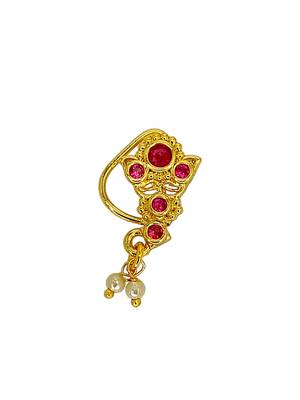 Gold plated red stone leaf design clip on nosepin 2