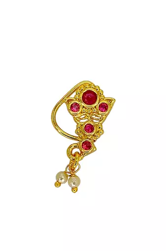 Gold plated red stone leaf design clip on nosepin