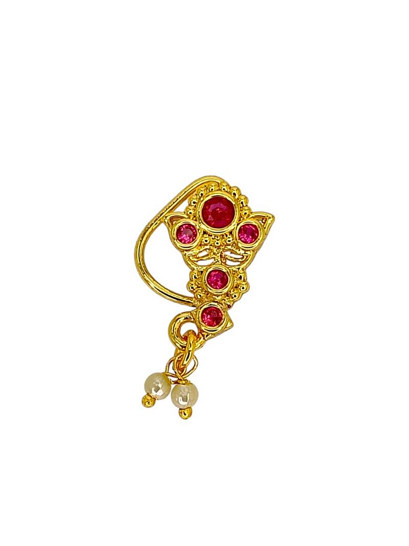 Gold plated red stone leaf design clip on nosepin