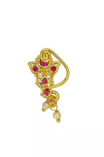 Gold plated red stone leaf design clip on nosepin
