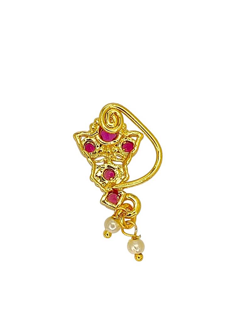 Gold plated red stone leaf design clip on nosepin