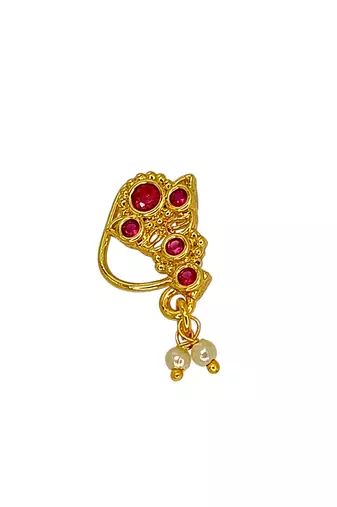 Gold plated red stone leaf design clip on nosepin