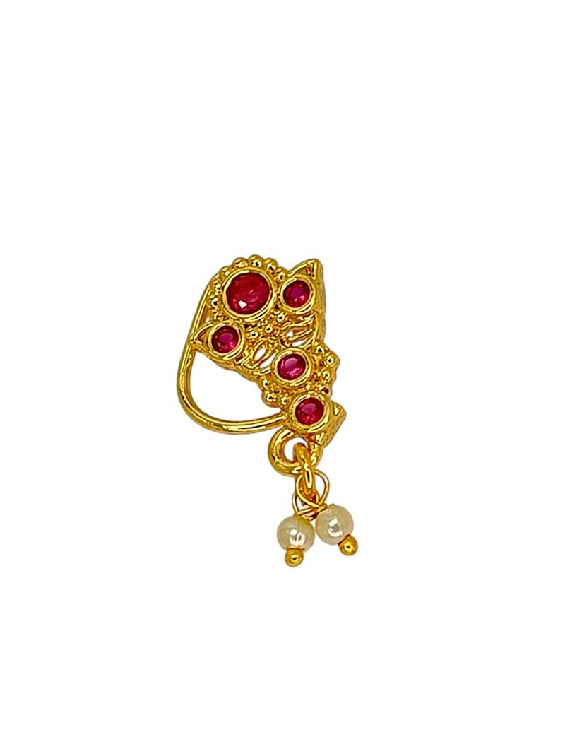 Gold plated red stone leaf design clip on nosepin