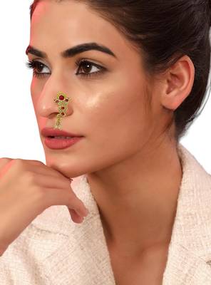 Gold plated red stone leaf design clip on nosepin 5