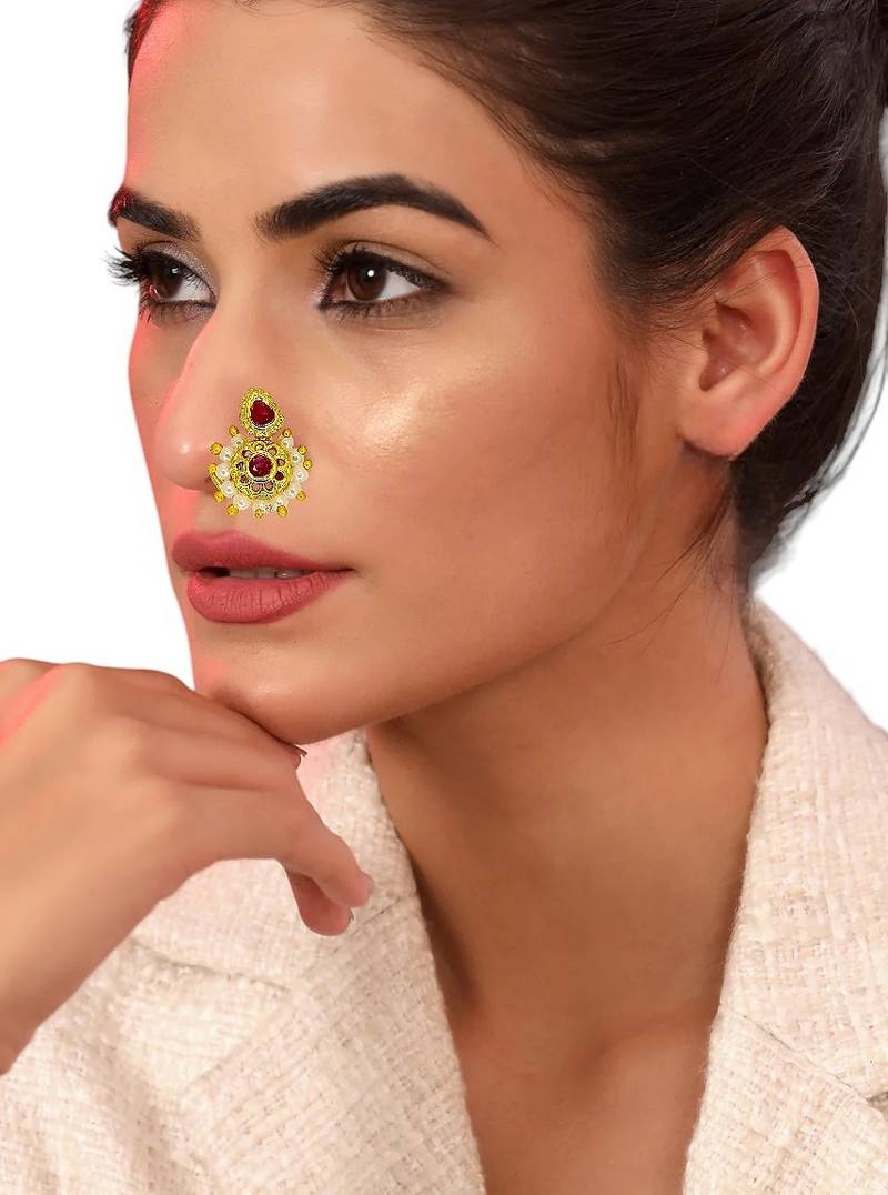 Gold plated red stone classic clip on nosepin