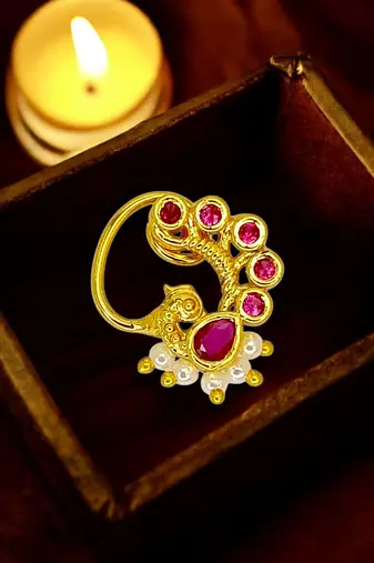 Gold plated dainty peacock design clip on nose pin