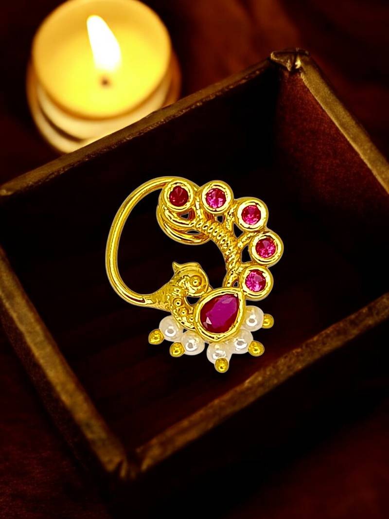 Gold plated dainty peacock design clip on nose pin