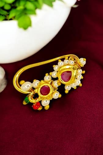 Gold plated traditional maharashtrian clip on nosepin nath