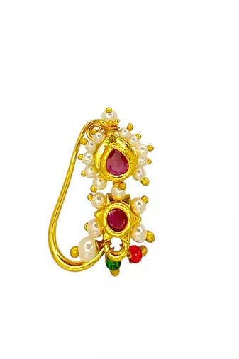 Gold plated traditional maharashtrian clip on nosepin nath
