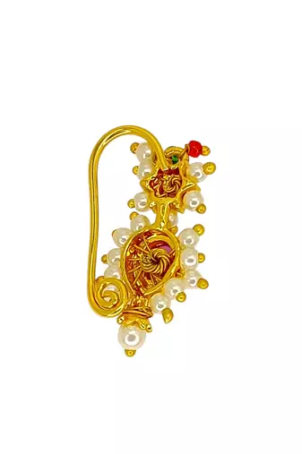 Gold plated traditional maharashtrian clip on nosepin nath