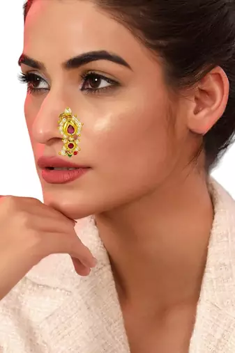 Gold plated traditional maharashtrian clip on nosepin nath