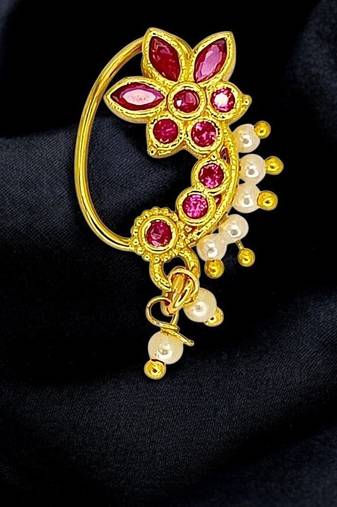 Gold plated red stone floral clip on nose pin