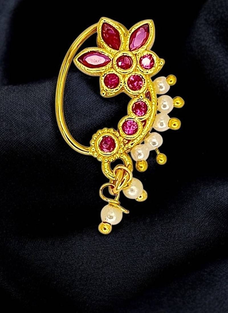 Gold plated red stone floral clip on nose pin