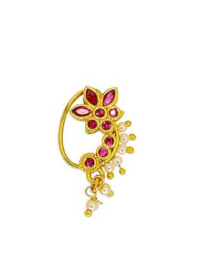 Gold plated red stone floral clip on nose pin 2