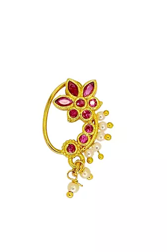 Gold plated red stone floral clip on nose pin