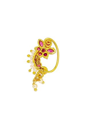 Gold plated red stone floral clip on nose pin 3