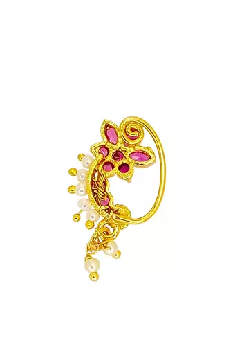 Gold plated red stone floral clip on nose pin