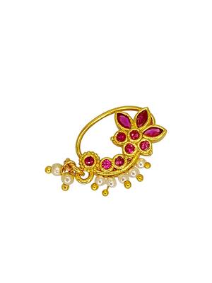 Gold plated red stone floral clip on nose pin 4