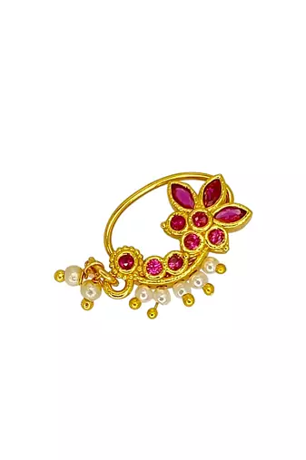 Gold plated red stone floral clip on nose pin